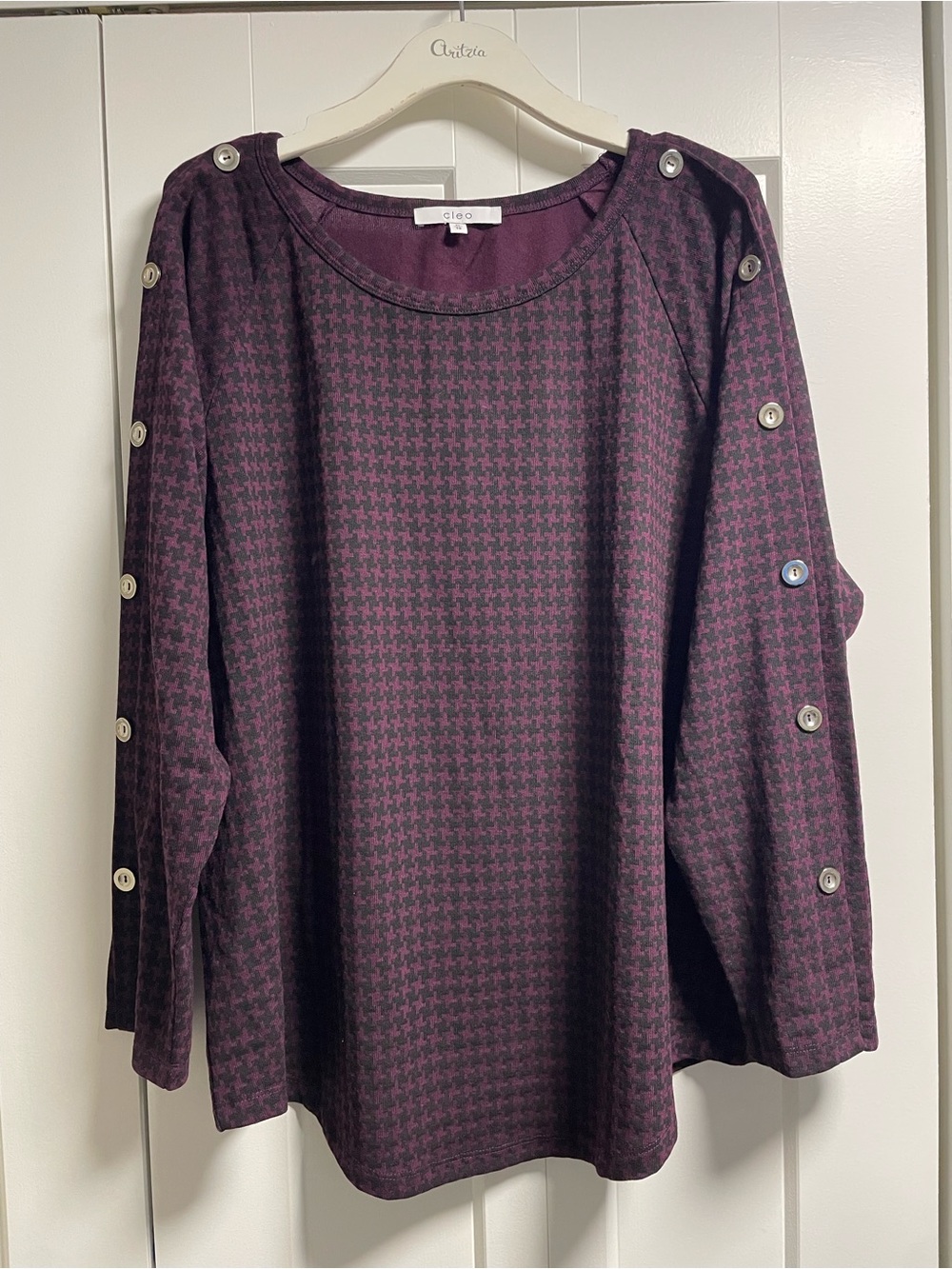 Cleo Houndstooth Top Button Sleeve Plum Black XL